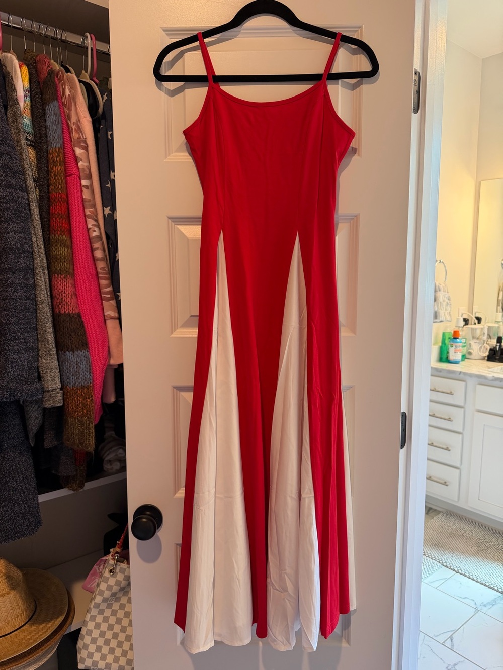 Red and White Maxi Dress with Contrast Inset Panels